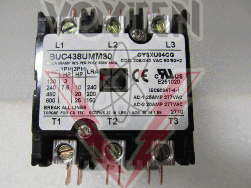 BREAKERS UNLIMITED, DEFINITE PURPOSE MAGNETIC CONTACTOR, 3 POLES, 40FLA 50RES, COIL 208/240 VAC 50/60Hz, STYLE# CY3XU04CG, CAT# BUC438UMM30