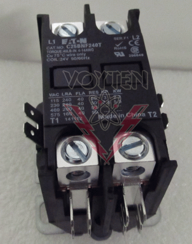 EATON DEFINITE PURPOSE CONTACTOR 2 POLES AMPS 40 AT 600 VAC RES. 50 AT 600 VAC HP: 3 AT115 VAC 7.5 AT 230 VAC COIL 24 VAC 50/60 HZ CAT# C25BNF240T