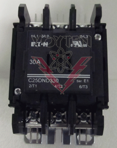 EATON DEFINITE PURPOSE CONTACTOR AMPS FL: 30 INDUCTIVE 40 RESISTIVE 3 POLES 600 VAC HP: 10 AT 230 VAC 15 AT 460-575 VAC COIL 277 VAC 60 HZ CAT# C25DND330H