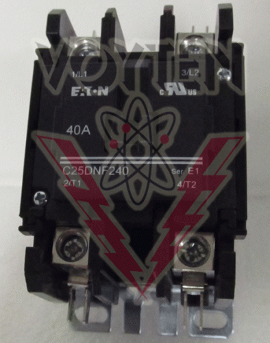 EATON CUTLER HAMMER DEFINITE PURPOSE CONTACTOR 2 POLES AMPS FL: 40 INDUCTIVE 50 RESISTIVE 600 VAC COIL 277 VAC 60 HZ CAT# C25DNF240H