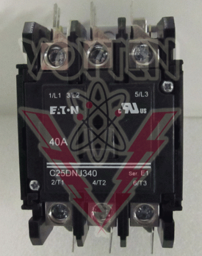 EATON DEFINITE PURPOSE CONTACTOR 3 POLES AMPS FL: 40 INDUCTIVE 50 RESISTIVE 600 VAC HP: 10 AT 230 VAC 20 AT 460-575 VAC COIL 208 VAC 50 HZ 240 VAC 60 HZ CAT# C25DNJ340B9