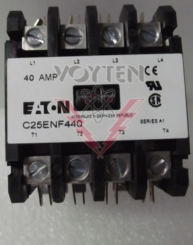 EATON CONTACTOR 40 AMPS 4 POLES 600 VAC HP: 10 AT 230 VAC 20 AT 460- 575 VAC COIL 104-120 VAC 50/60 HZ CAT# C25ENF440A