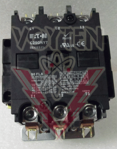 EATON DEFINITE PURPOSE CONTACTOR 90 AMPS FLA 120 RES. 3 POLES 600 VAC COIL 110-120 VAC 50/60 HZ CAT# C25GNY7
