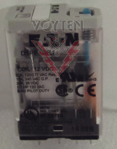 EATON SPDT POWER RELAY FULL FEATURE 20 AMPS 120/277 VAC RES. 10 AMPS 240 VAC G.P. 20 AMPS 28 VDC 1/2 HP 120 VAC COIL 12 VDC CAT# D1PF1AR1