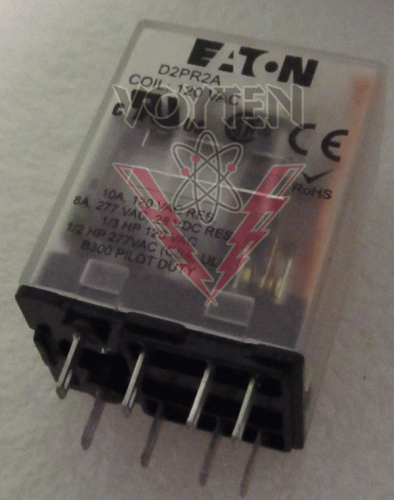 EATON DPDT CONTROL RELAY 10 AMPS 120 VAC RES. 8 AMPS 277 VAC 28 VDC RES. COIL 120 VAC CAT# D2PR2A