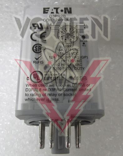 EATON, DPDT OCTAL RELAY, COIL 240 VAC,16A, 277VAC 16A, 28 VDC 12A, 120/240 VAC (GP) 1/3 HP 120 VAC 1/2 HP 240VAC B300 PILOT DUTY, STYLE# D3PR2B-A3, CAT# D3PR2B