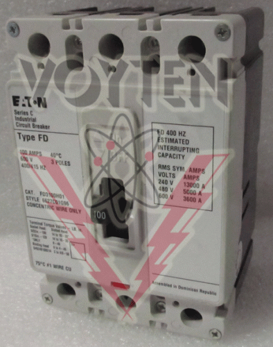 EATON INDUSTRIAL CIRCUIT BREAKER 3 POLES 100 AMPS 600 VAC 400/415HZ CAT# FD3100H01 STYLE# 6627C01G96