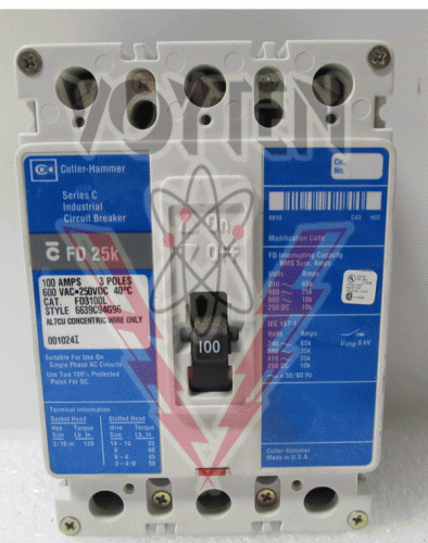CUTLER-HAMMER, SERIES C INDUSTRIAL CIRCUIT BREAKER, FD 25K, 100 AMPS 3 POLES, 600VAC 250VDC, STYLE# 6639C94G96, CAT# FD3100L (FD 25K BLUE)