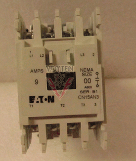 EATON FREEDOM SERIES CONTACTOR SIZE 00 3 POLES AUXILIARY 1 N.O. 9 AMPS HP: 1.5 AT 200-230 VAC 2 AT 460-575 VAC COIL 110 VAC 50 HZ 120 VAC 60 HZ CAT# CN15AN3AB