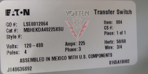 EATON CUTLER HAMMER TRANSFER SWITCH, 120-480 VOLT, 4 POLES, 225 AMPS, 3 PHASE, 50/60 Hz, WIRE 3/4, CAT # MBHEKDA40225XSU
