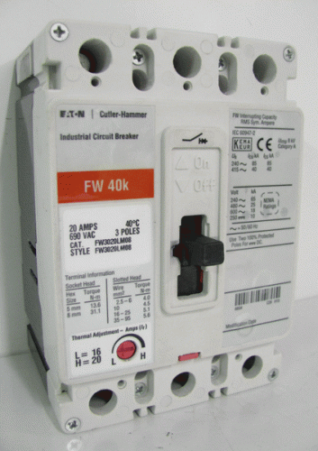 FW3020LM08 w/ THERMAL ADJUSTMENT L=16 H=20 Circuit Breaker by Eaton, Cutler-Hammer or Westinghouse