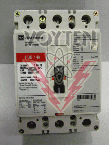 FDB3070L Circuit Breaker by Eaton, Cutler Hammer or Westinghouse
