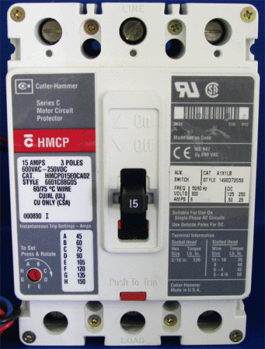 HMCP015E0CA02 with In 45-150 Amp Trip Unit and A1X1LB Aux. Switch Circuit Breaker